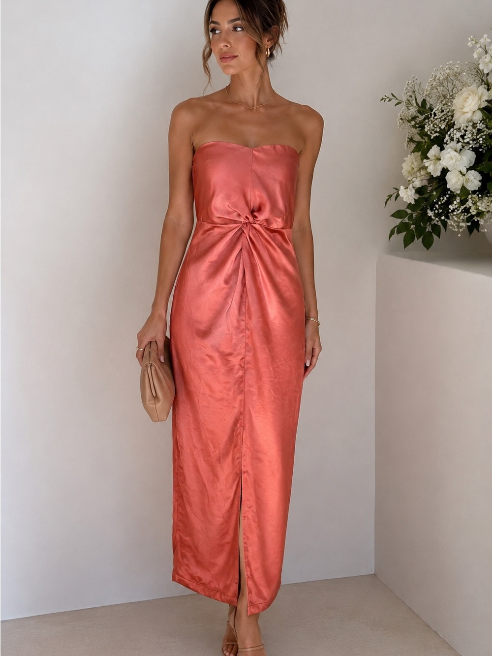 Crescent Coral Satin Strapless Maxi Dress NWT Women’s XS